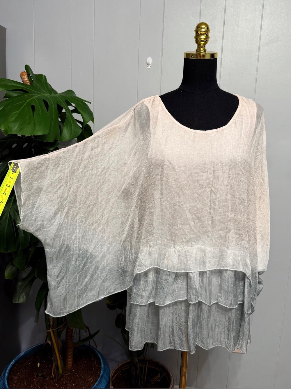 #17)  Fleur de Lis Layered Gauze Top in Soft Blush and Light Gray
